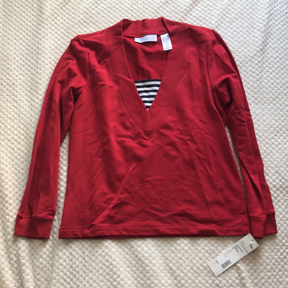 First Issue French Terry red apple V-neck shirt Missy Size US Small. Brand New